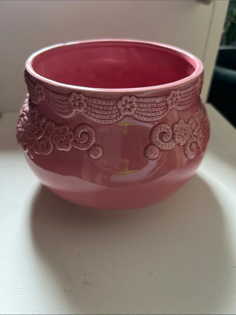 Pink Embossed Floral Ceramic Bowl